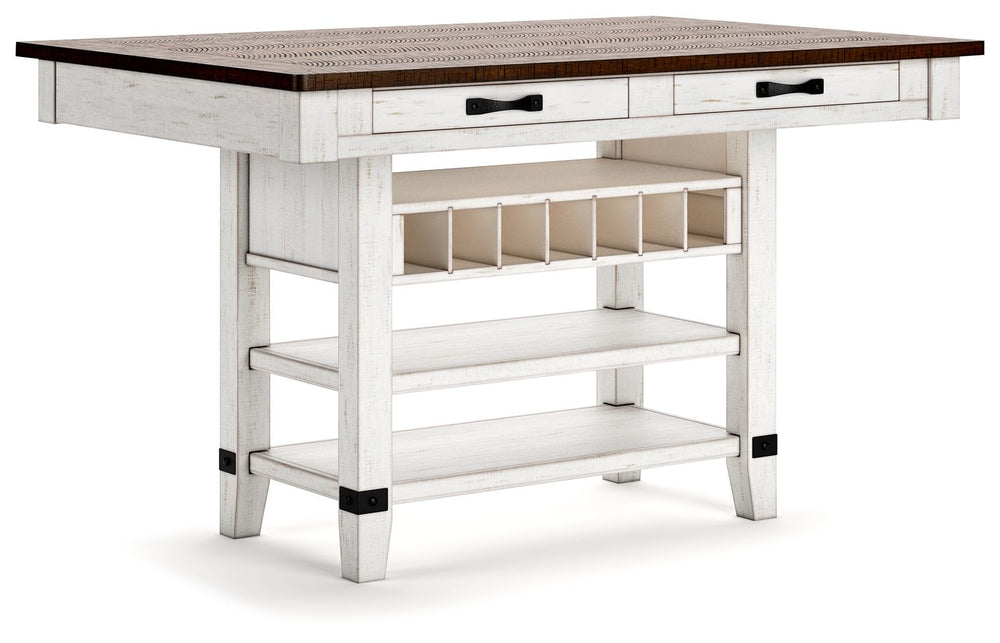 A high-style choice for dining spaces, this counter height dining table serves up the best in rustic farmhouse living. Its two-tone finish pairs a brown tabletop with a distressed vintage white base for a double helping of charm. The table features four s
