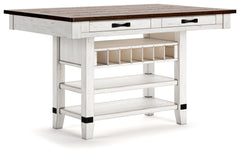 A high-style choice for dining spaces, this counter height dining table serves up the best in rustic farmhouse living. Its two-tone finish pairs a brown tabletop with a distressed vintage white base for a double helping of charm. The table features four s