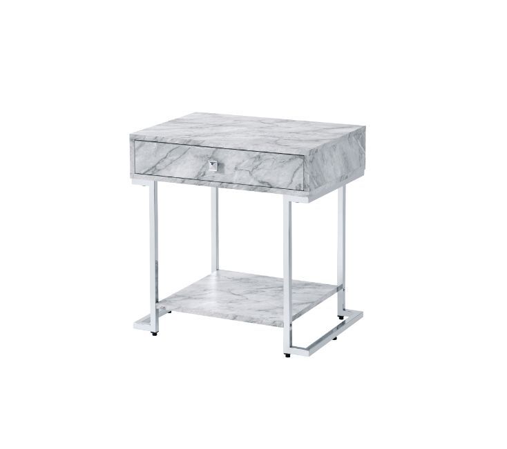 KD Rectangular Accent Table 1 Storage Drawer & 1 Open Storage Compartment Side Metal Drawer Glide 1/2 Extension Drawer Glide Table Top Thickness: 1-"<br/><br/><b>Product Features</b><ul><li>Case: 1Pc/1Ctn</li><li>Finish: White Printed Faux Marble & Chrome