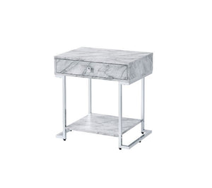 KD Rectangular Accent Table 1 Storage Drawer & 1 Open Storage Compartment Side Metal Drawer Glide 1/2 Extension Drawer Glide Table Top Thickness: 1-"<br/><br/><b>Product Features</b><ul><li>Case: 1Pc/1Ctn</li><li>Finish: White Printed Faux Marble & Chrome