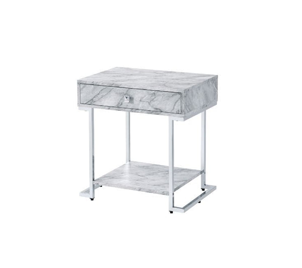KD Rectangular Accent Table 1 Storage Drawer & 1 Open Storage Compartment Side Metal Drawer Glide 1/2 Extension Drawer Glide Table Top Thickness: 1-"<br/><br/><b>Product Features</b><ul><li>Case: 1Pc/1Ctn</li><li>Finish: White Printed Faux Marble & Chrome