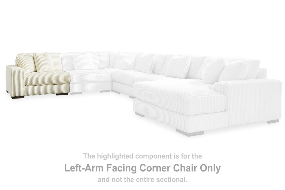 This left-arm facing corner chair is made with polyester upholstery. Pairs with other items in the series to make a sectional.<br><br><b>Additional Dimensions</b><br><ul><li>Arm height: 24-"</li><li>Seat depth: 28-"</li><li>Seat height: 21-"</li><li>Top o