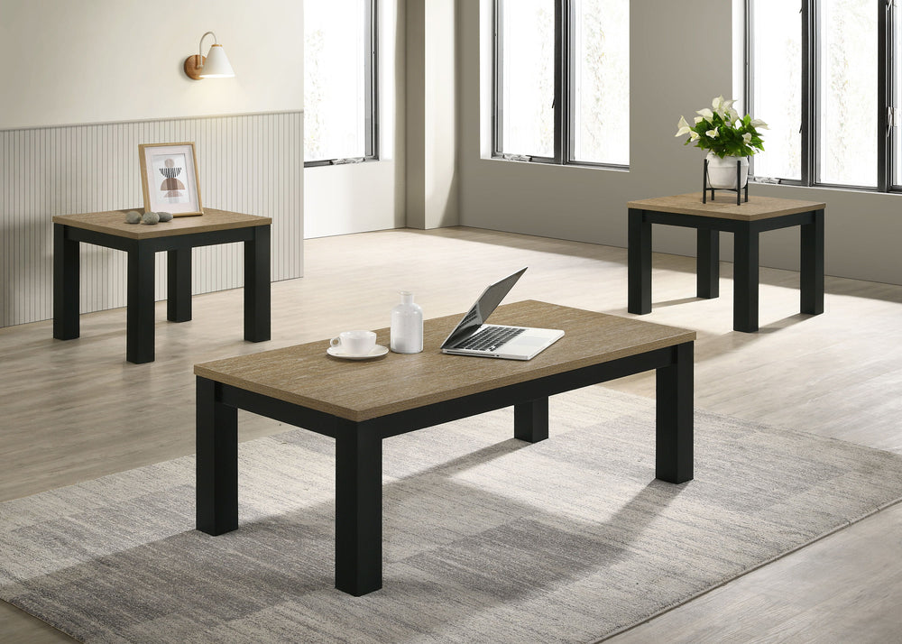 Enhance your living space with this contemporary cocktail table set, meticulously designed to infuse elegance into everyday living. The set features a robust coffee table and two matching end tables, each boasting a sleek, minimalistic design that seamles