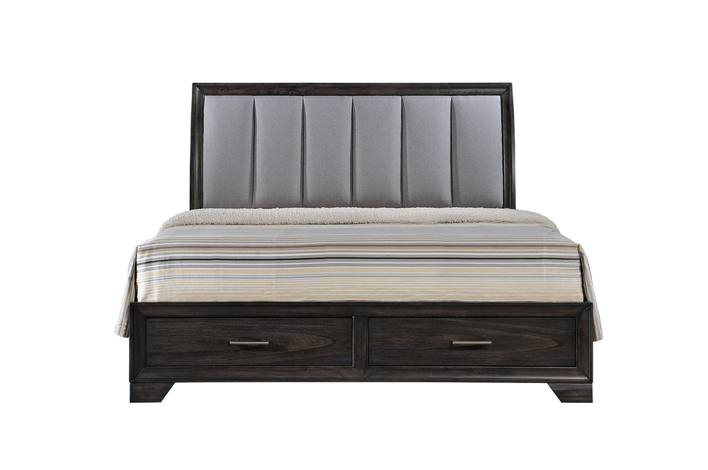 This bedroom set offers a sleek and stylish update to any space, featuring a rich, dark finish that commands attention while maintaining a sense of warmth and coziness. The bed stands as the stunning centerpiece, with its high, padded headboard upholstere