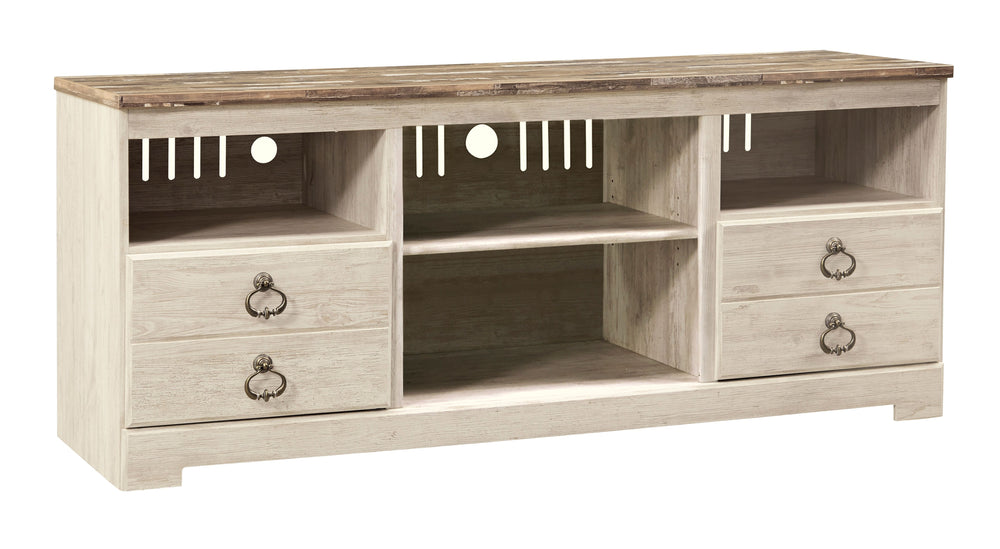 This TV stand with fireplace option is the ultimate statement piece for a coastal cottage or shabby chic inspired retreat. Its whitewash finish is wonderfully easy on the eyes. Paired with the TV standâ€™s unique plank-style top, itâ€™s a driftwoody look 