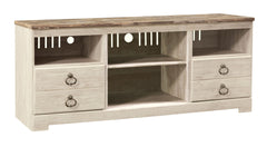 Looking to create a coastal cottage or shabby chic inspired retreat? This entertainment center is the solution. The TV standâ€™s whitewashed finish is wonderfully easy on the eyes. Paired with a unique plank-style top, itâ€™s a driftwoody look that has ou