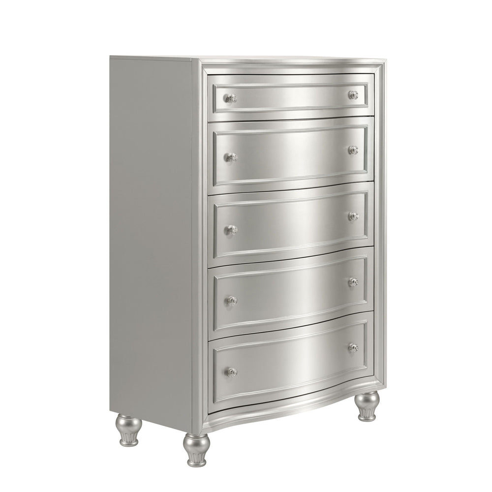 Introducing the Reflection Chest in Silver, meticulously crafted from solid Pine and high-quality manufactured wood to ensure enduring strength and durability. Its glamorous matte silver finish exudes sophistication, reflecting the mirrored panels and sil