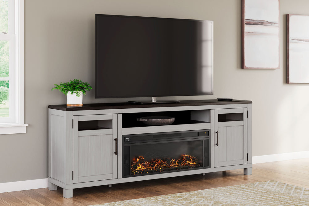 Make a farmhouse-inspired statement with this TV stand. Itâ€™s beautifully crafted to stand the test of time, with a planked effect and clean two-tone finish that lend a relaxing vintage feel. With two cabinets (each with an adjustable shelf) and an open 