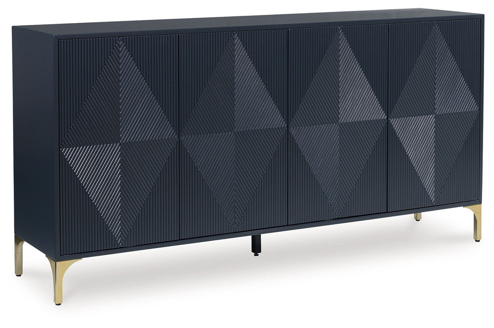 Elevate your aesthetic with the chic design of this accent cabinet. Sleek goldtone legs and striking doors with a geometric pattern infuse contemporary flair wherever you place this piece. Add a dark blue finish, and you-'ve got a stunning showstopper. Pr
