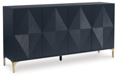 Elevate your aesthetic with the chic design of this accent cabinet. Sleek goldtone legs and striking doors with a geometric pattern infuse contemporary flair wherever you place this piece. Add a dark blue finish, and you-'ve got a stunning showstopper. Pr