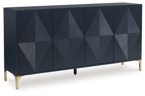 Elevate your aesthetic with the chic design of this accent cabinet. Sleek goldtone legs and striking doors with a geometric pattern infuse contemporary flair wherever you place this piece. Add a dark blue finish, and you-'ve got a stunning showstopper. Pr