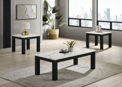 Elevate your living room with this sleek and stylish cocktail table set, designed for the discerning modern homeowner. The set includes a sophisticated coffee table and two matching end tables, each featuring a striking faux marble top that adds a touch o