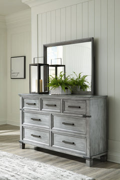What-'s old is what-'s new with this dresser and mirror. Serving up a fresh look in urban-farmhouse style, the eclectic dresser features a light weathered gray finish with dark aged bronze-tone bar pulls and metal straps for a casually cool sensibility. P
