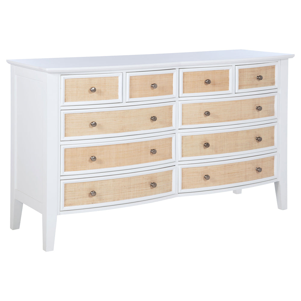 Play up approachable coastal character with a modern ten-drawer dresser in your bedroom. It shows off a gently double convex curved profile, complemented perfectly with a bright white finish that lends casual elegance. Each drawer front is adorned with na