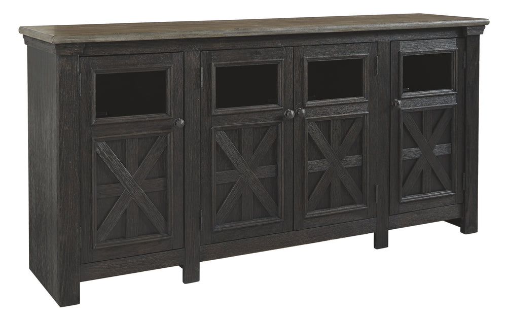 Shabby chic with a hint of down-home country, this TV stand appeals to todayâ€™s more relaxed sensibilities. Its richly rustic two-tone effect blends a textured black finish with a weathered gray-brown top for an easy-elegant aesthetic. Framed doors with 
