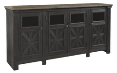 Shabby chic with a hint of down-home country, this TV stand appeals to todayâ€™s more relaxed sensibilities. Its richly rustic two-tone effect blends a textured black finish with a weathered gray-brown top for an easy-elegant aesthetic. Framed doors with 