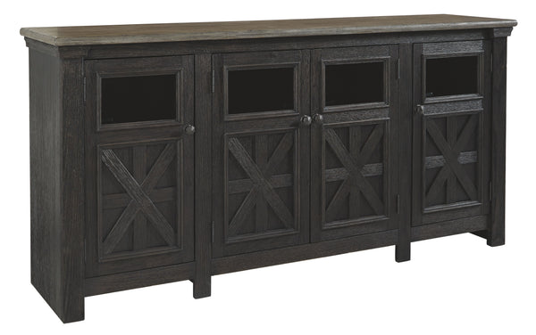 Shabby chic with a hint of down-home country, this TV stand appeals to todayâ€™s more relaxed sensibilities. Its richly rustic two-tone effect blends a textured black finish with a weathered gray-brown top for an easy-elegant aesthetic. Framed doors with 