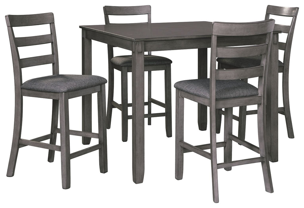 Itâ€™s so easy being grayâ€”at least this 5-piece dining set makes it seem that way. This transitional counter-height table and barstool ensemble sports a charcoal gray finish with textured gray upholstery for an on-trend and relevant appeal. Plushly upho