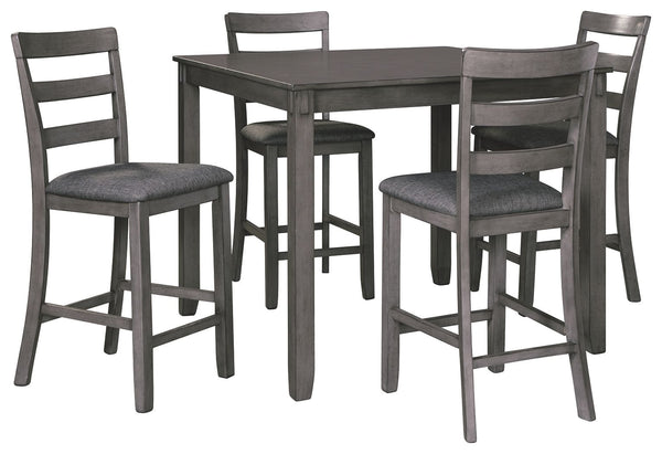 Itâ€™s so easy being grayâ€”at least this 5-piece dining set makes it seem that way. This transitional counter-height table and barstool ensemble sports a charcoal gray finish with textured gray upholstery for an on-trend and relevant appeal. Plushly upho