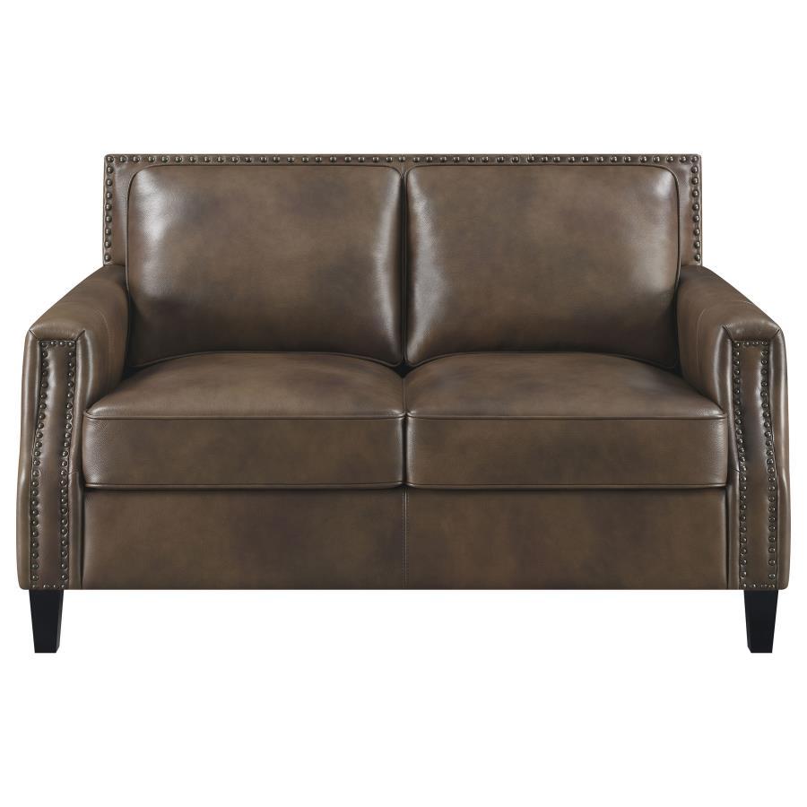 Friends and family will remember your exceptional taste in style when they see this brown sugar loveseat. Upholstered in soft leather grain fabric, this piece is an immediate enhancement to your living area. Back cushions with welted trim make this lovese