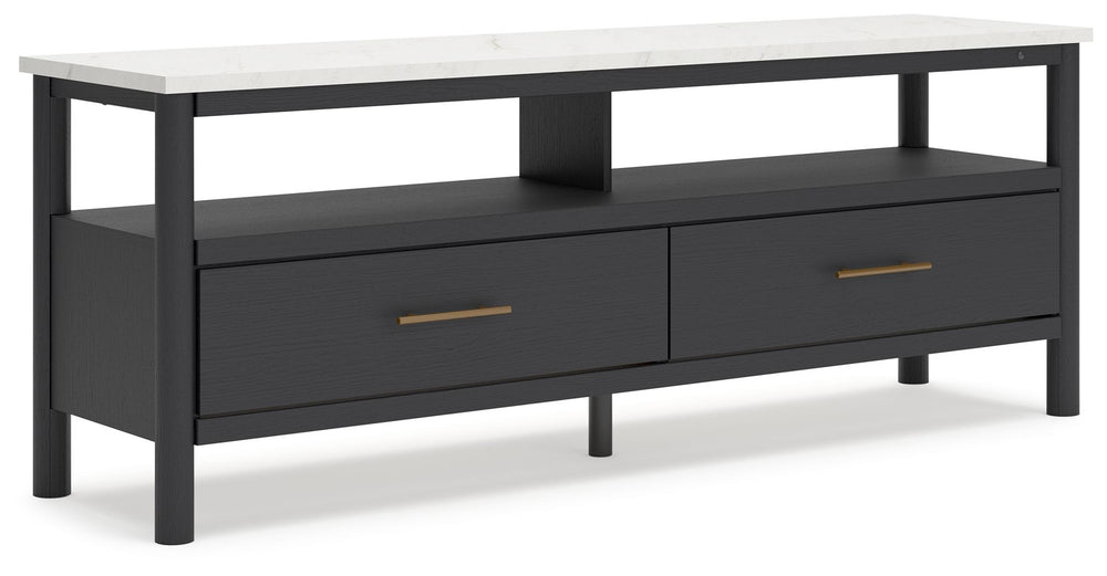 This TV stand reflects your sophisticated approach to boho style. Crafted with both form and function in mind, its replicated marble top beautifully contrasts a matte black finish. Ambient lighting and drawers for media storage make it a chic and convenie