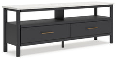 This TV stand reflects your sophisticated approach to boho style. Crafted with both form and function in mind, its replicated marble top beautifully contrasts a matte black finish. Ambient lighting and drawers for media storage make it a chic and convenie