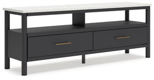 This TV stand reflects your sophisticated approach to boho style. Crafted with both form and function in mind, its replicated marble top beautifully contrasts a matte black finish. Ambient lighting and drawers for media storage make it a chic and convenie