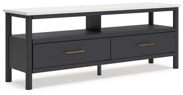 This TV stand reflects your sophisticated approach to boho style. Crafted with both form and function in mind, its replicated marble top beautifully contrasts a matte black finish. Ambient lighting and drawers for media storage make it a chic and convenie