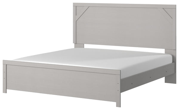 Cool, clean and casually modern. This king panel bedâ€™s wispy dove gray finish sets the tone for your calming sanctuary. Framed elements and cross-brace accents add dimension and authenticity to the bedâ€™s simply stunning profile. <h4><b>Cottonburg - Li