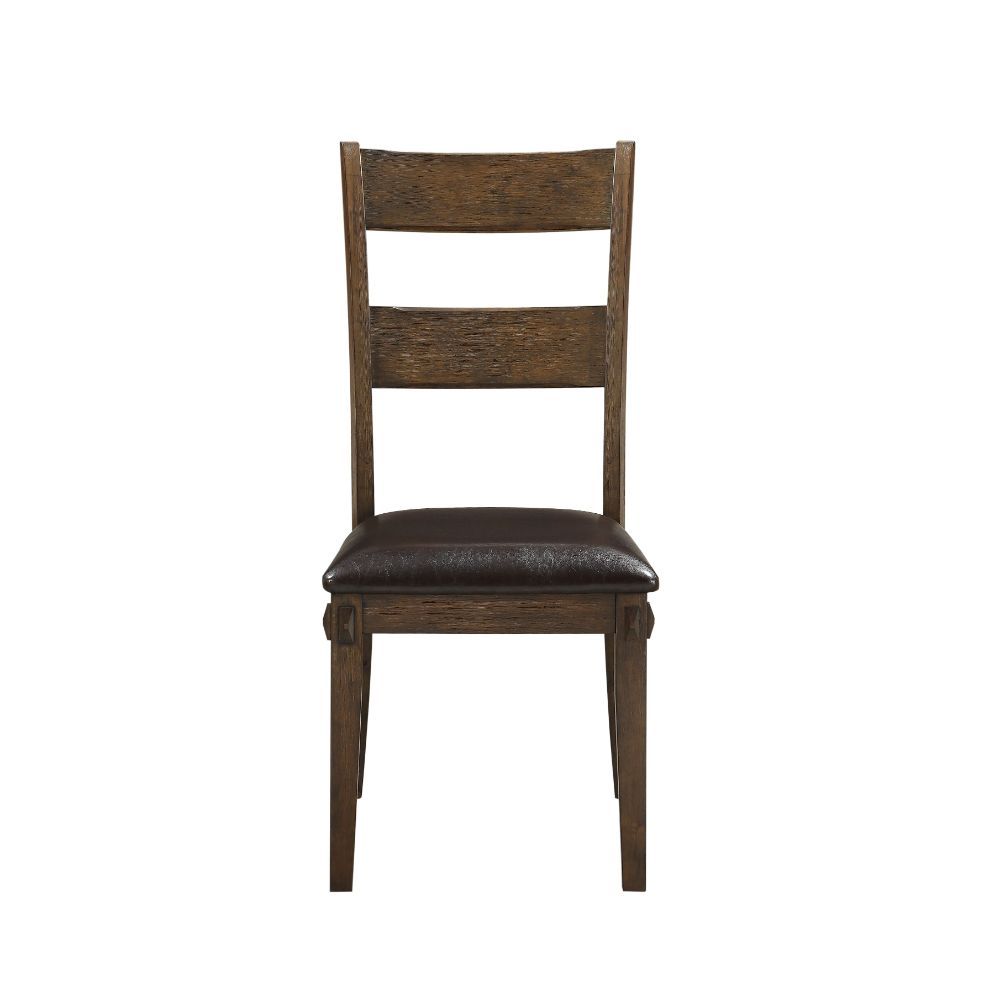 Create a beautiful interior dining space with the stylish Nabirye dining room collection. This sophisticated dining room table has matching case pieces including a backless bench and armless ladder-back chairs with tapered legs and PU upholstered seat cus