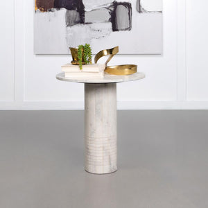  this end table embodies timeless elegance with its genuine white marble top and cylindrical pedestal base. The fluted design features subtle grid textures