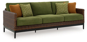 This outdoor sofa recalls the aesthetics of nature to bring an inviting, high-style feel to your patio or lanai. Its Nuvella+â„¢ performance fabric is made with enhanced UV resistance, so the chic green hue stays brighter for longer. Worried about the wea