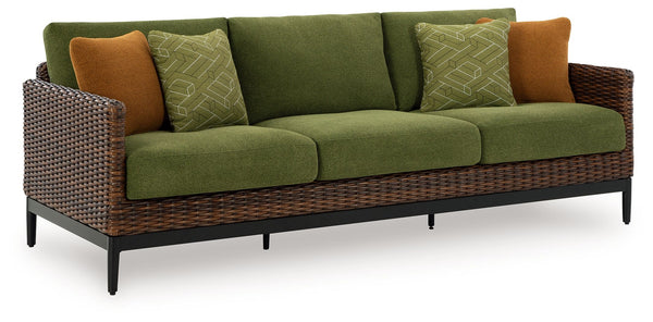 This outdoor sofa recalls the aesthetics of nature to bring an inviting, high-style feel to your patio or lanai. Its Nuvella+â„¢ performance fabric is made with enhanced UV resistance, so the chic green hue stays brighter for longer. Worried about the wea