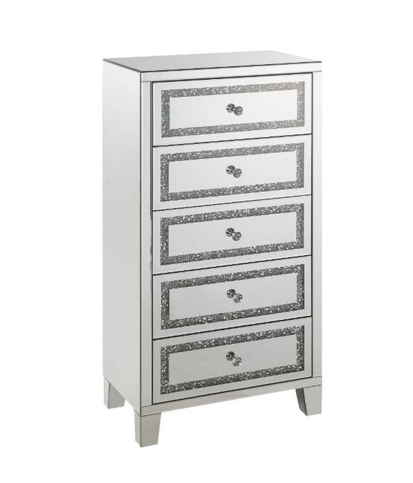 The Noor Cabinet will add a contemporary touch to any room in your home. With its clean lines and faux diamond inlay, this brilliant cabinet showcases a distinctive style for an intriguing look. The cabinet features five storage drawers with safety stop a