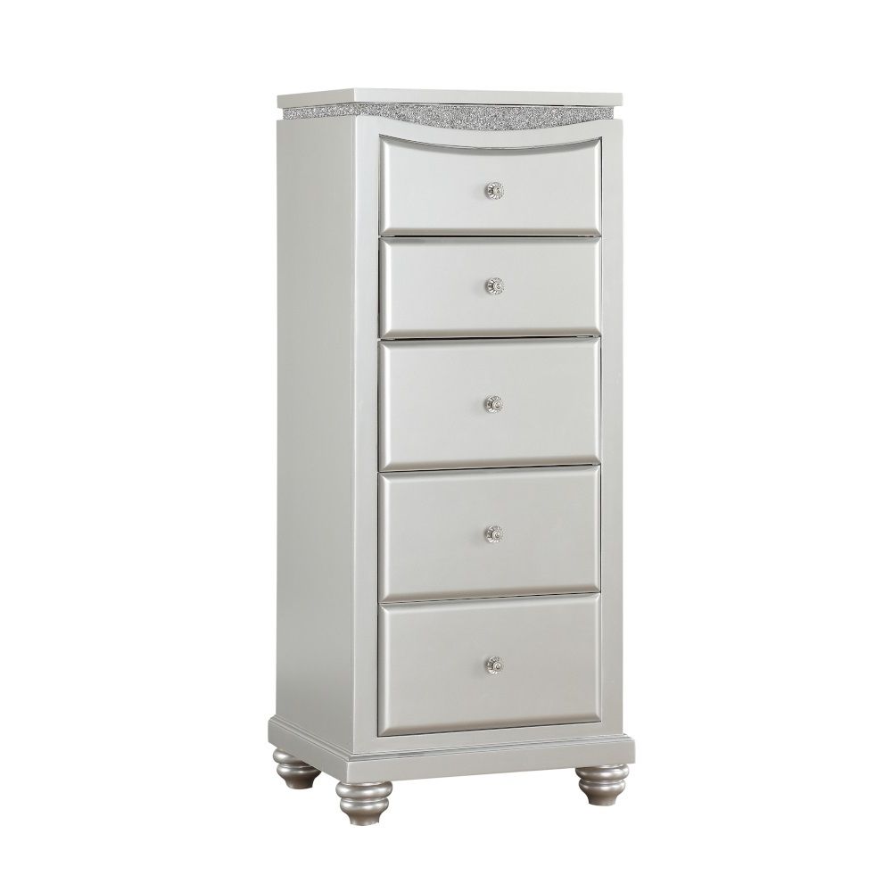 5 Drw, Flip Top Mirror w/Jewelry Storage Drawer: Arched Top Drawer, GLIDE Side Metal (Undermount, Full Ext. ), DOVETAIL French Front & English Back, FELT-LINED TOP Drawer, Safety Stop, Self-Closing, Hardware: Single Knob (Crystal like) CONSTRUCTION Wooden