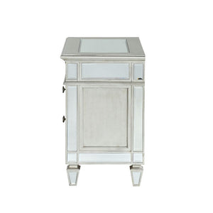  it features four tapered legs and 2 storage drawers with crystal-like knobs. This gorgeous nightstand is accented with raised