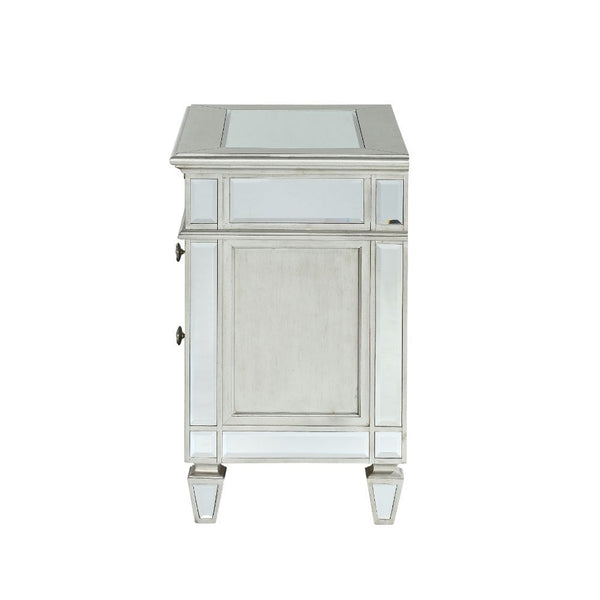  it features four tapered legs and 2 storage drawers with crystal-like knobs. This gorgeous nightstand is accented with raised
