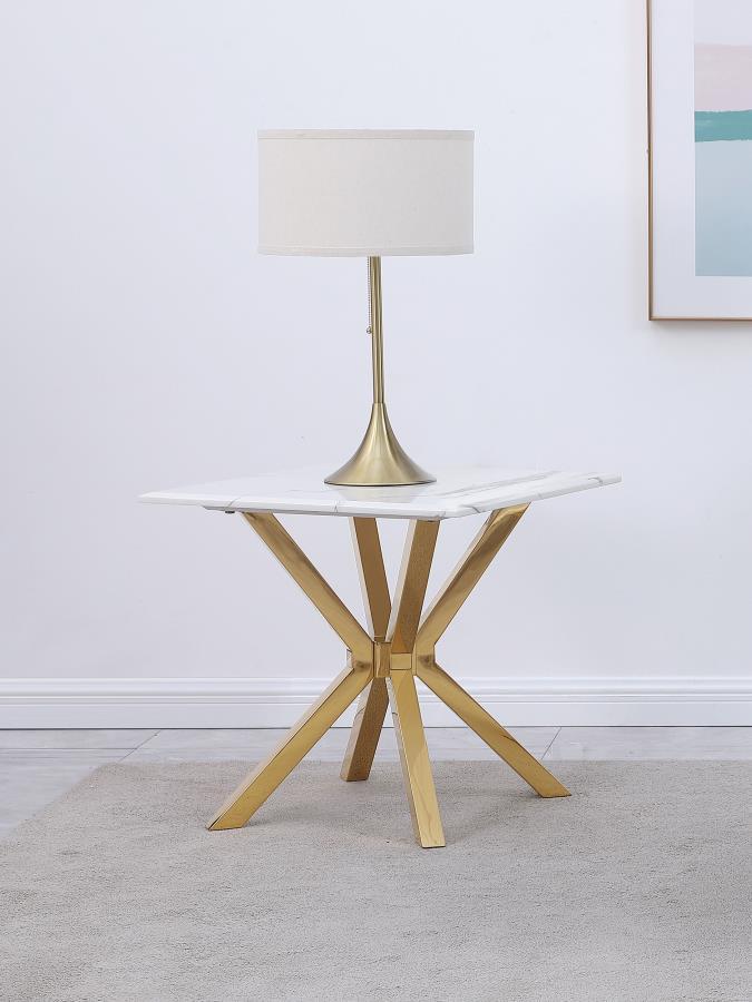 Bring elegance to your living space with this modern square end table, featuring a white faux marble top with realistic veining for a touch of sophistication. Its sturdy, rust-proof base is crafted from stainless steel in a star-shaped design, finished wi