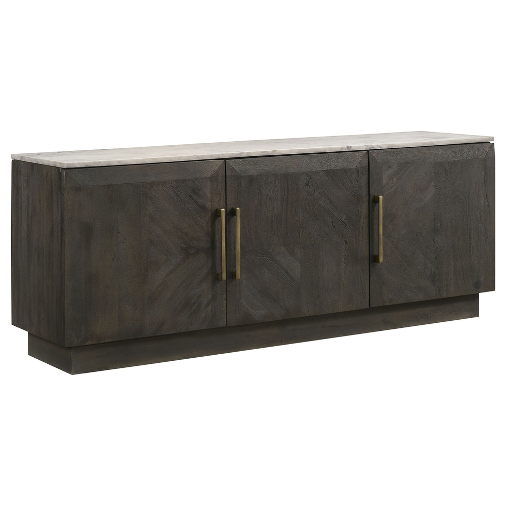 Take entertaining to the next level with the impressive style and storage presented in this contemporary server. Three doors open to reveal interiors shelving to house all manner of serve ware, linens, and other necessities. Door fronts are beautifully cr