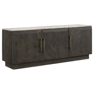 Take entertaining to the next level with the impressive style and storage presented in this contemporary server. Three doors open to reveal interiors shelving to house all manner of serve ware, linens, and other necessities. Door fronts are beautifully cr