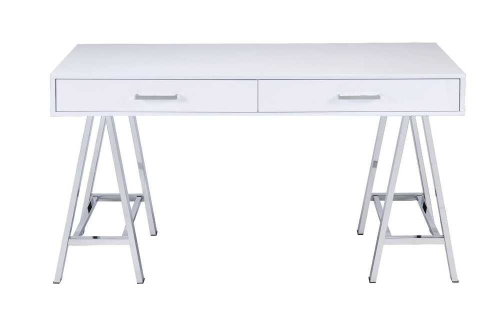 Simple, bold, and appealing, the Coleen Writing Desk will give your workplace a distinct look with contemporary style. The high gloss table top on trendy cross-base legs gives the desk a gorgeous and lustrous look. It has two storage drawers for your offi