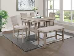Elevate your dining experience with this elegant counter height dining set, designed to blend seamlessly with any modern or rustic dÃ©cor. The set features a spacious, finely crafted table with a built-in faux marble turntable and open lower shelf in a we