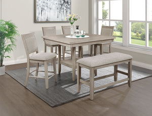 Elevate your dining experience with this elegant counter height dining set, designed to blend seamlessly with any modern or rustic dÃ©cor. The set features a spacious, finely crafted table with a built-in faux marble turntable and open lower shelf in a we
