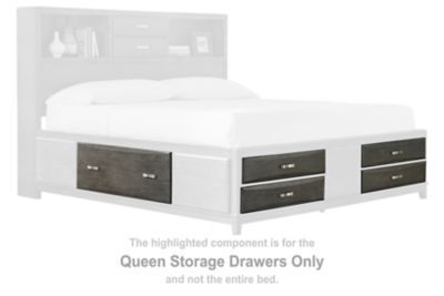 This set of queen storage drawers is made with wood, veneers and engineered wood. Pairs with other items in the series to make a bed kid kit.<br><br><b>Additional Dimensions</b><br><ul><li>Drawer interior (4): 0-"</li><li>Drawer interior (2): 0-"</li></ul
