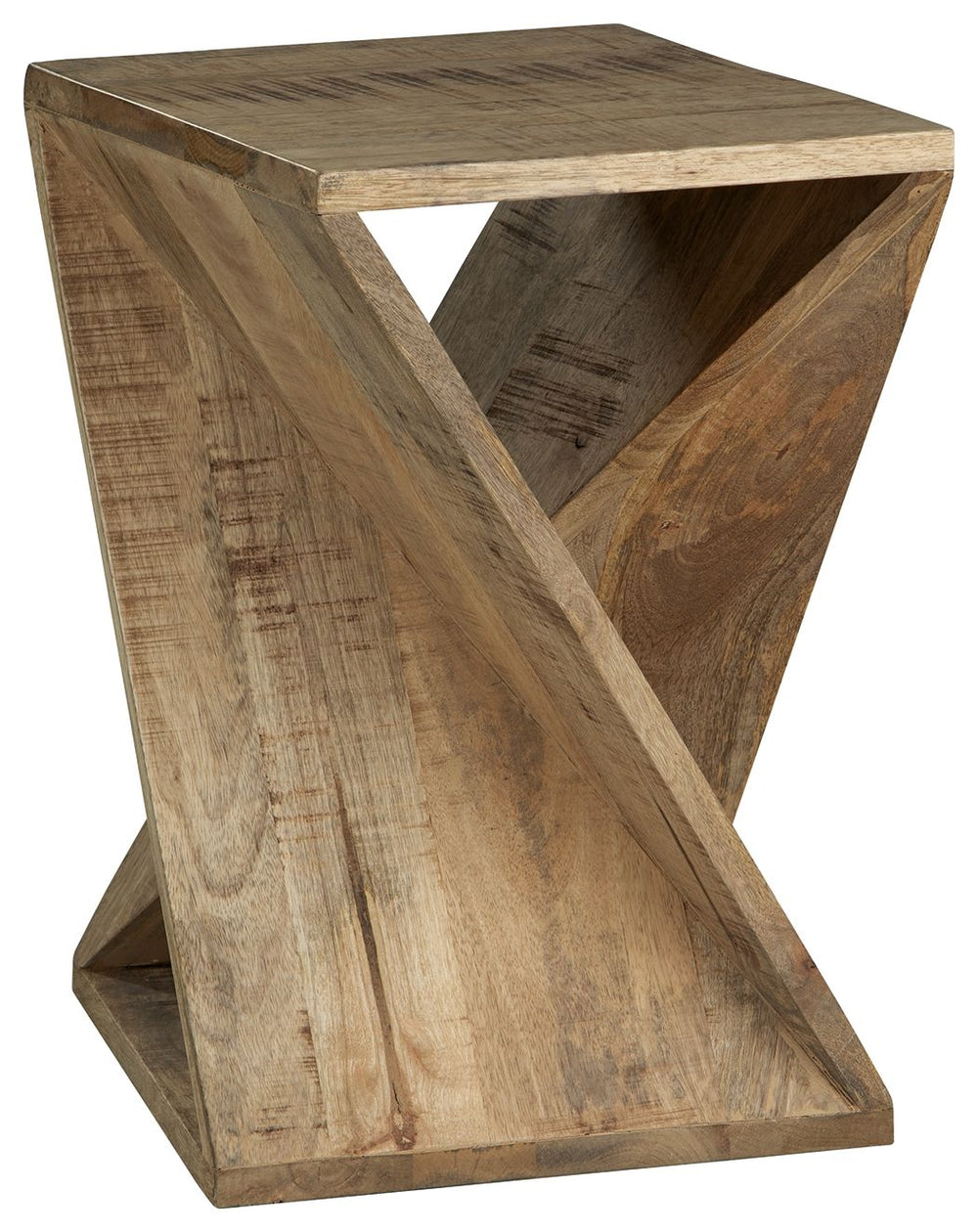 This accent table puts a new twist on vintage casual. Its brown finish is delightfully distressed, drawing attention to the saw mark planks arranged in an open architectural design. Place this unique piece next to a cozy chair to create a charming reading