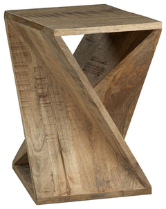This accent table puts a new twist on vintage casual. Its brown finish is delightfully distressed, drawing attention to the saw mark planks arranged in an open architectural design. Place this unique piece next to a cozy chair to create a charming reading