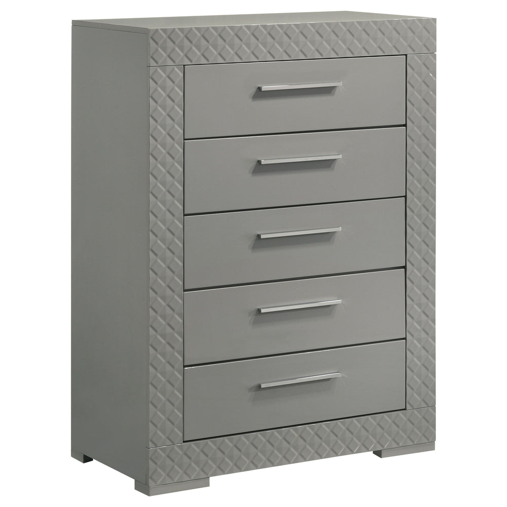 Organize your wardrobe in style with this contemporary chest. The high gloss finish and 3-dimensional diamond tile emboss provide a chic, modern look that enhances any bedroom decor. Five spacious drawers offer ample storage for clothing and linens, each 