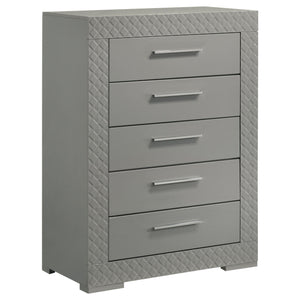 Organize your wardrobe in style with this contemporary chest. The high gloss finish and 3-dimensional diamond tile emboss provide a chic, modern look that enhances any bedroom decor. Five spacious drawers offer ample storage for clothing and linens, each 