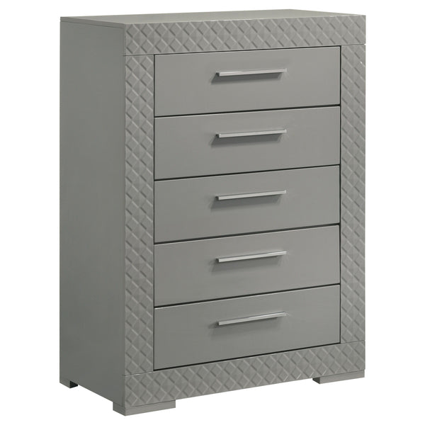 Organize your wardrobe in style with this contemporary chest. The high gloss finish and 3-dimensional diamond tile emboss provide a chic, modern look that enhances any bedroom decor. Five spacious drawers offer ample storage for clothing and linens, each 