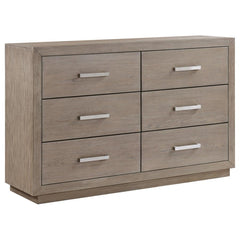 Enjoy the roomy storage and understated character of a modern six-drawer dresser. It-'s a fresh, understated design that showcases a wide top and recessed base that pair to deliver a timeless look. The dresser shows off wood grain details in a neutral bar